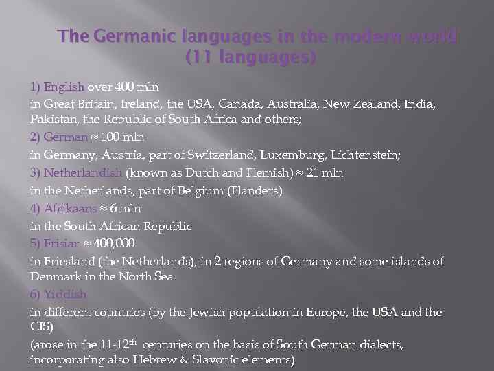 The Germanic languages in the modern world (11 languages) 1) English over 400 mln