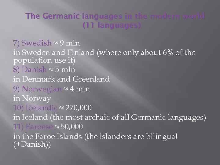 The Germanic languages in the modern world (11 languages) 7) Swedish ≈ 9 mln