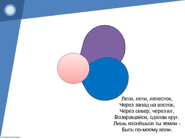Лети, лепесток, Через запад на восток, Через север, через юг, Возвращайся, сделав круг. Лишь
