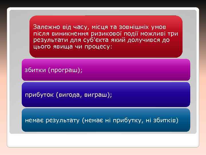 Залежно від часу, місця та зовнішніх умов після виникнення ризикової події можливі три результати