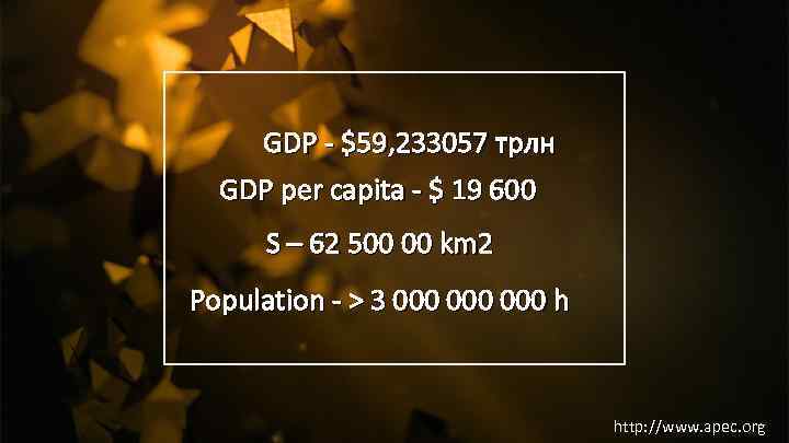 GDP - $59, 233057 трлн GDP per capita - $ 19 600 S –