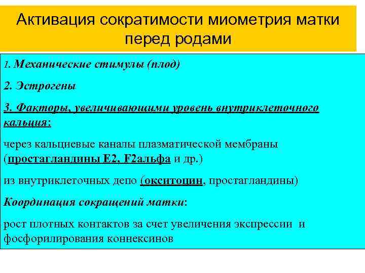 Активация сократимости миометрия матки перед родами 1. Механические стимулы (плод) 2. Эстрогены 3. Факторы,