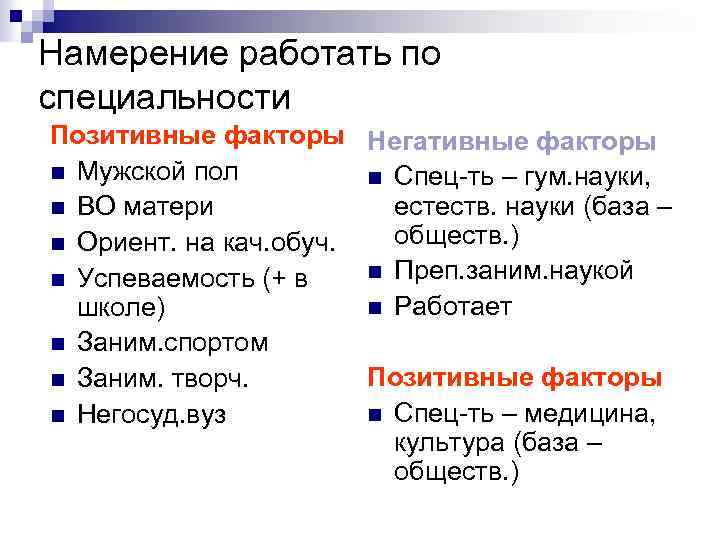 Намерение работать по специальности Позитивные факторы Негативные факторы n Мужской пол n Спец-ть –