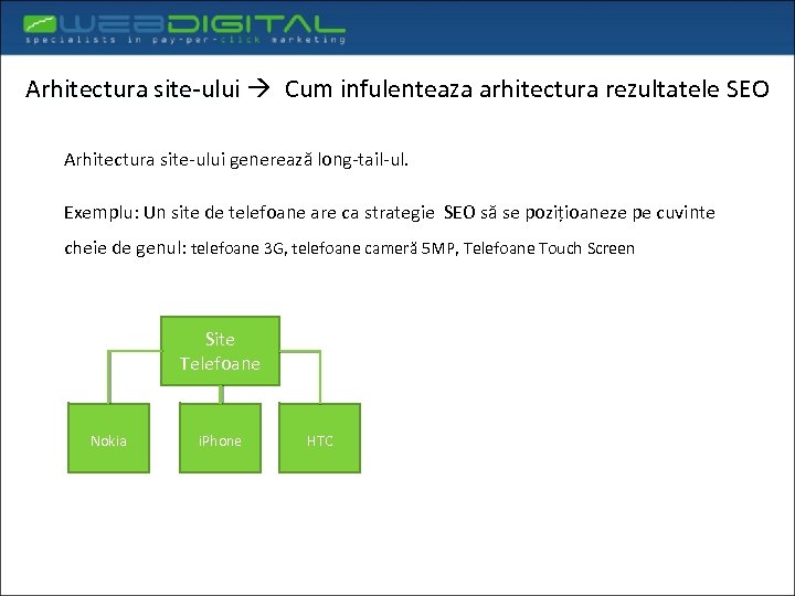 Arhitectura site-ului Cum infulenteaza arhitectura rezultatele SEO Arhitectura site-ului generează long-tail-ul. Exemplu: Un site