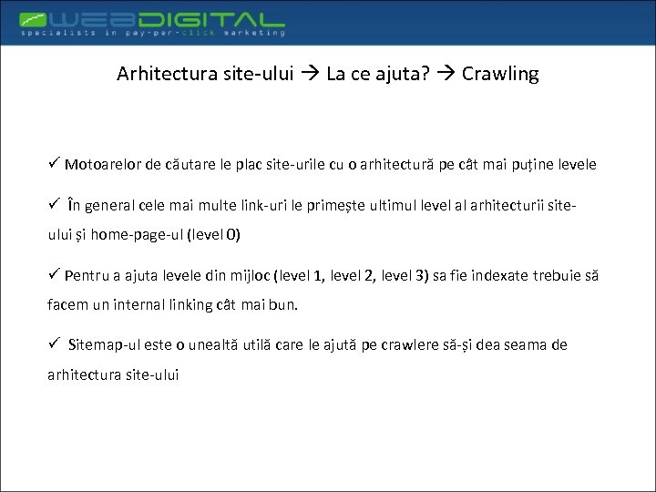 Arhitectura site-ului La ce ajuta? Crawling ü Motoarelor de căutare le plac site-urile cu