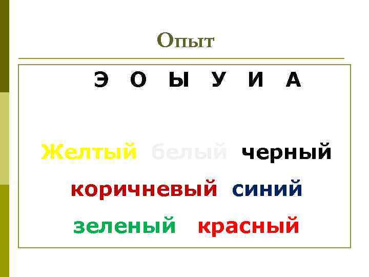 Опыт Э О Ы У И А Желтый белый черный коричневый синий зеленый красный
