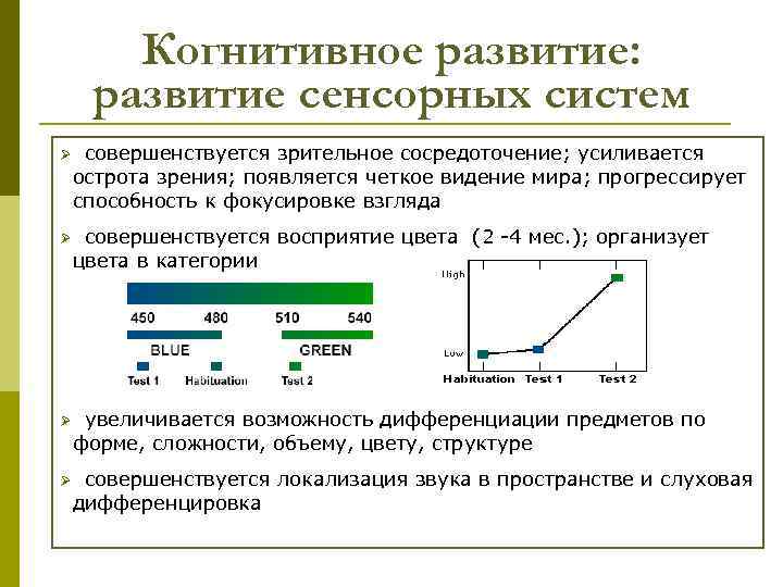 Когнитивное развитие: развитие сенсорных систем Ø совершенствуется зрительное сосредоточение; усиливается острота зрения; появляется четкое