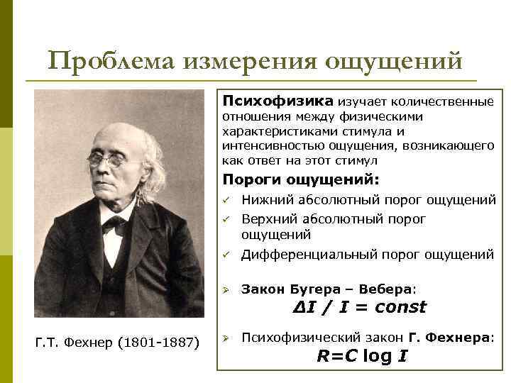 Проблема измерения ощущений Психофизика изучает количественные отношения между физическими характеристиками стимула и интенсивностью ощущения,