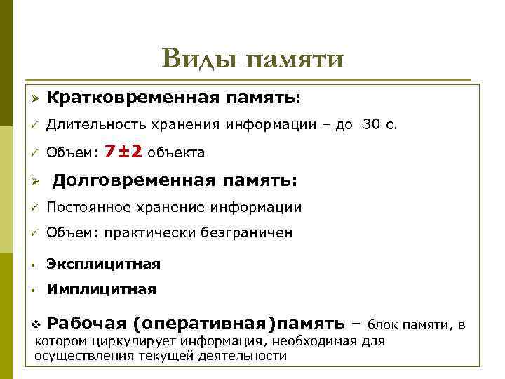 Виды памяти Ø Кратковременная память: ü Длительность хранения информации – до 30 с. ü