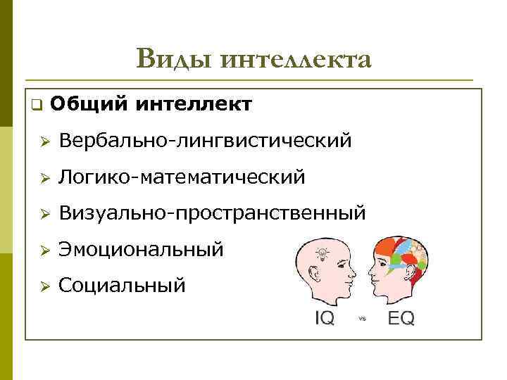 Виды интеллекта q Общий интеллект Ø Вербально-лингвистический Ø Логико-математический Ø Визуально-пространственный Ø Эмоциональный Ø