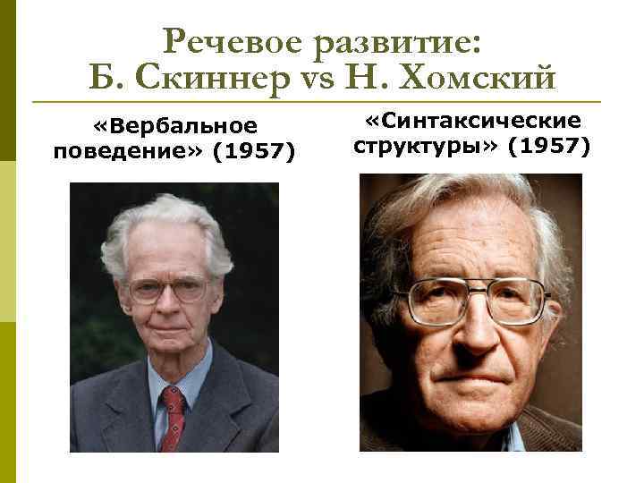 Речевое развитие: Б. Скиннер vs Н. Хомский «Вербальное поведение» (1957) «Синтаксические структуры» (1957) 