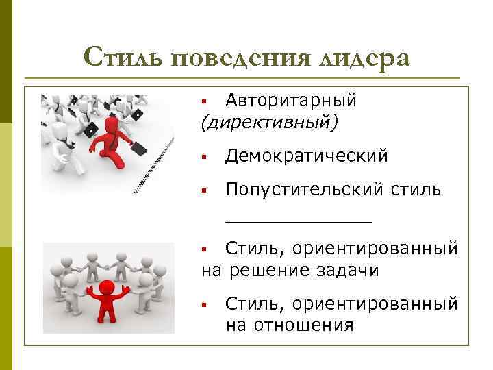 Стиль поведения лидера Авторитарный (директивный) § § Демократический § Попустительский стиль _______ Стиль, ориентированный