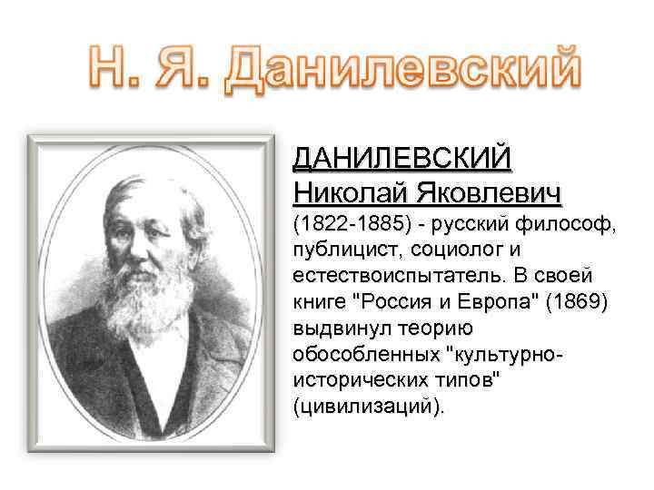 ДАНИЛЕВСКИЙ Николай Яковлевич (1822 -1885) - русский философ, публицист, социолог и естествоиспытатель. В своей
