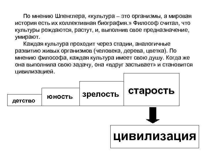 По мнению Шпенглера, «культура – это организмы, а мировая история есть их коллективная биография.