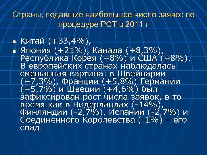 Страны, подавшие наибольшее число заявок по процедуре PCT в 2011 г n n Китай