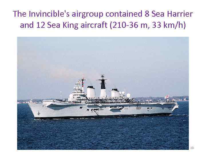 The Invincible's airgroup contained 8 Sea Harrier and 12 Sea King aircraft (210 -36