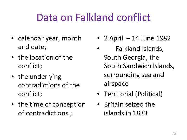 Data on Falkland conflict • calendar year, month and date; • the location of