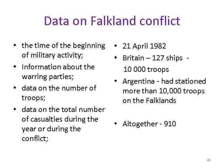 Data on Falkland conflict • the time of the beginning • 21 April 1982