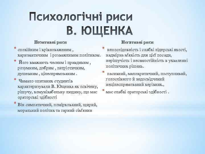  Позитивні риси * спокійним і врівноваженим , харизматичним і розважливим політиком. * Його