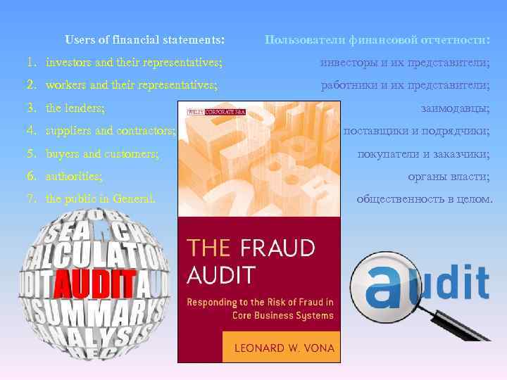Users of financial statements: Пользователи финансовой отчетности: 1. investors and their representatives; инвесторы и
