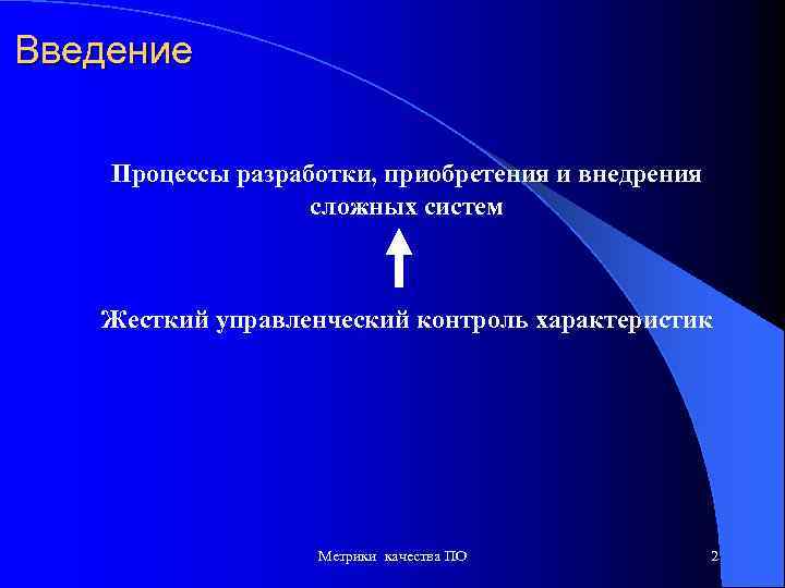 Введение Процессы разработки, приобретения и внедрения сложных систем Жесткий управленческий контроль характеристик Метрики качества