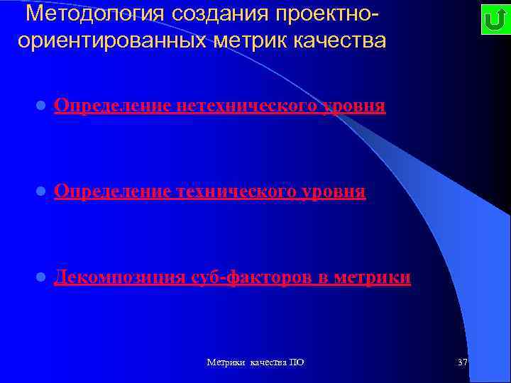 Методология создания проектноориентированных метрик качества l Определение нетехнического уровня l Определение технического уровня l
