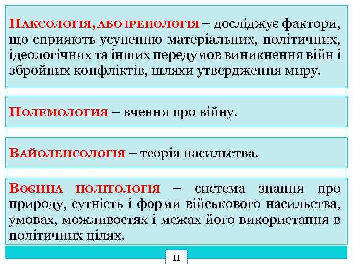 ПАКСОЛОГІЯ, АБО ІРЕНОЛОГІЯ – досліджує фактори, що сприяють усуненню матеріальних, політичних, ідеологічних та інших