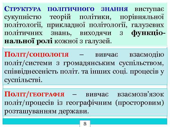 СТРУКТУРА ПОЛІТИЧНОГО ЗНАННЯ виступає сукупністю теорій політики, порівняльної політології, прикладної політології, галузевих політичних знань,