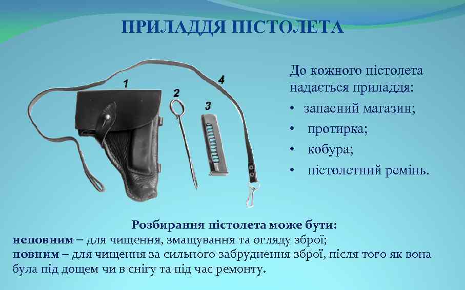ПРИЛАДДЯ ПІСТОЛЕТА До кожного пістолета надається приладдя: • запасний магазин; • протирка; • кобура;