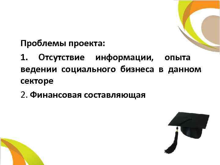 Проблемы проекта: 1. Отсутствие информации, опыта ведении социального бизнеса в данном секторе 2. Финансовая
