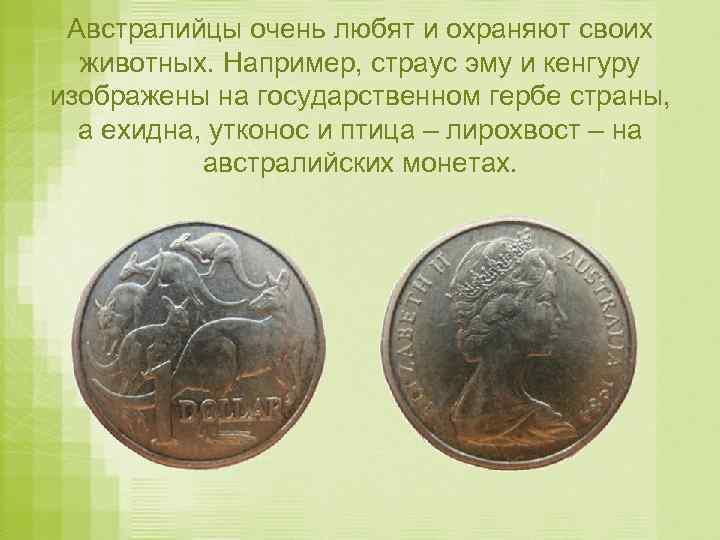 Австралийцы очень любят и охраняют своих животных. Например, страус эму и кенгуру изображены на