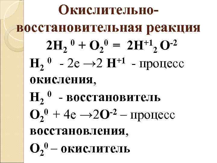 Окислительновосстановительная реакция 2 Н 2 + = 2 Н 2 0 - 2 е