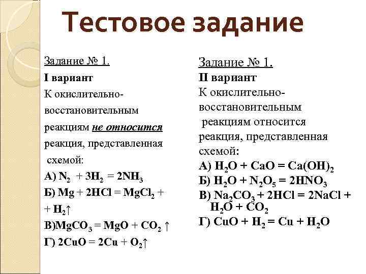 Тестовое задание Задание № 1. I вариант К окислительновосстановительным реакциям не относится реакция, представленная