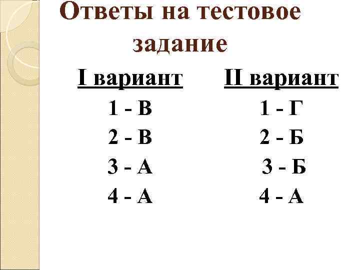 Ответы на тестовое задание I вариант II вариант 1 -В 2 -В 3 -А