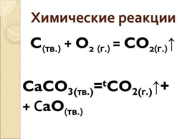 Химические реакции C(тв. ) + O 2 (г. ) = CO 2(г. )↑ Ca.