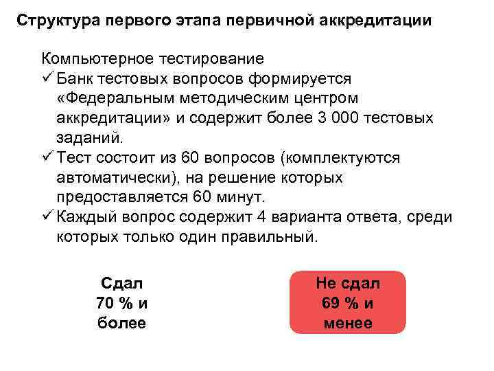Структура первого этапа первичной аккредитации Компьютерное тестирование ü Банк тестовых вопросов формируется «Федеральным методическим