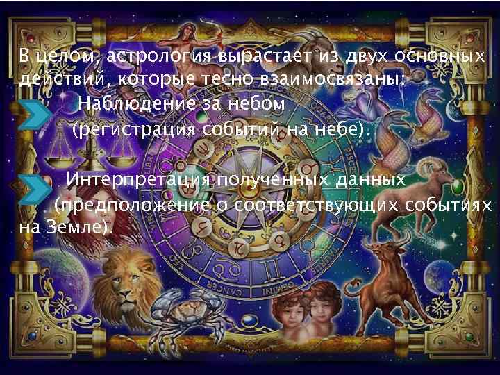 В целом, астрология вырастает из двух основных действий, которые тесно взаимосвязаны: Наблюдение за небом