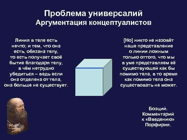 Проблема универсалий Аргументация концептуалистов Линия в теле есть нечто; и тем, что она есть,