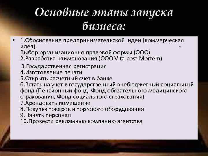 Основные этапы запуска бизнеса: • 1. Обоснование предпринимательской идеи (коммерческая идея) Выбор организационно правовой