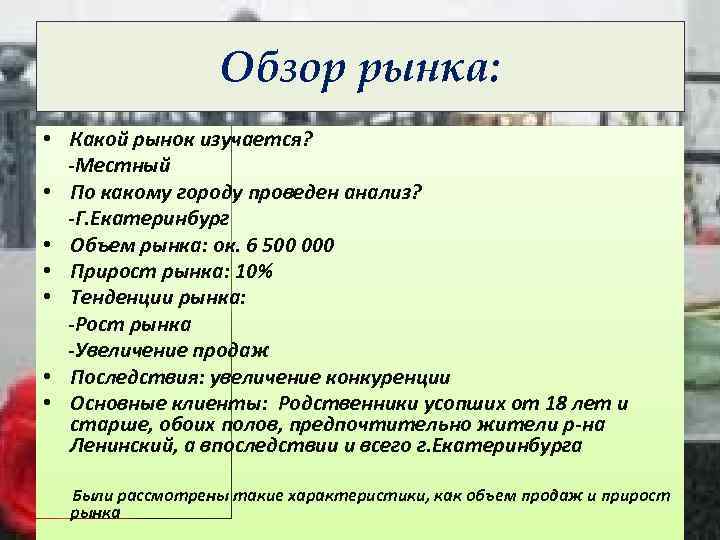 Обзор рынка: • Какой рынок изучается? -Местный • По какому городу проведен анализ? -Г.