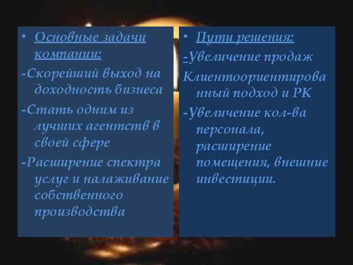  • Основные задачи компании: -Скорейший выход на доходность бизнеса -Стать одним из лучших