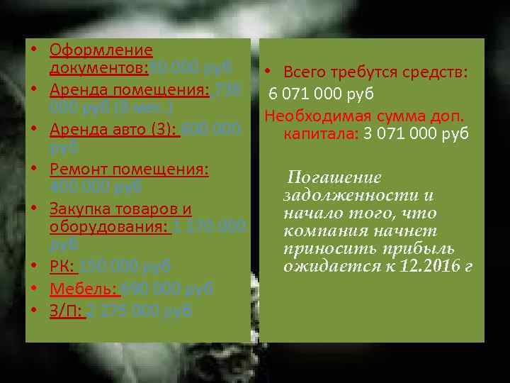  • Оформление документов: 50 000 руб • Всего требутся средств: • Аренда помещения: