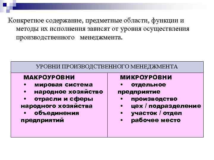 Конкретное содержание, предметные области, функции и методы их исполнения зависят от уровня осуществления производственного
