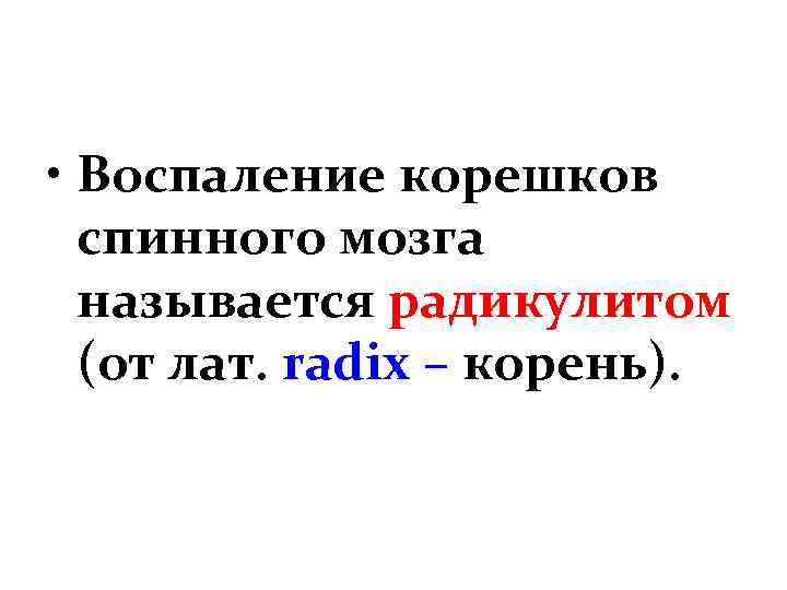  • Воспаление корешков спинного мозга называется радикулитом (от лат. radix – корень). 