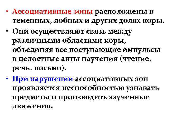  • Ассоциативные зоны расположены в теменных, лобных и других долях коры. • Они