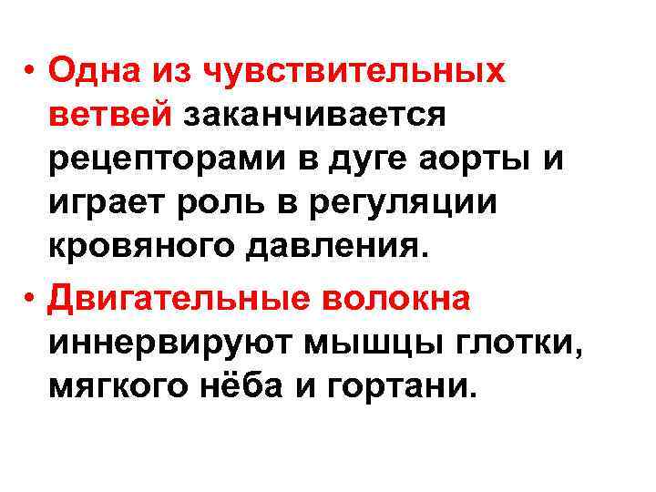  • Одна из чувствительных ветвей заканчивается рецепторами в дуге аорты и играет роль