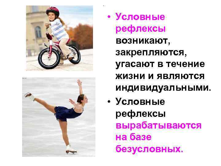  • Условные рефлексы возникают, закрепляются, угасают в течение жизни и являются индивидуальными. •