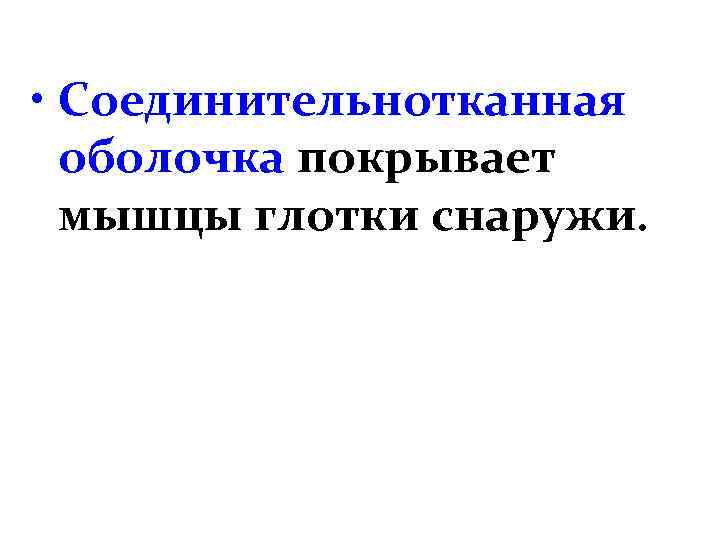  • Соединительнотканная оболочка покрывает мышцы глотки снаружи. 