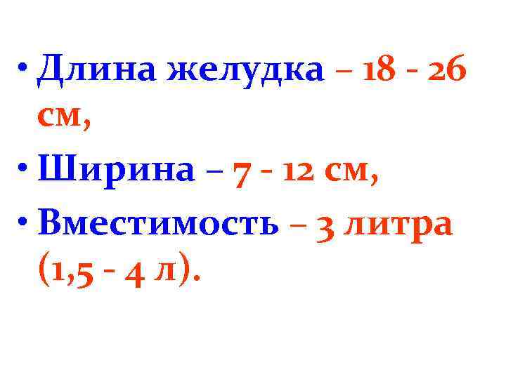  • Длина желудка – 18 - 26 см, • Ширина – 7 -