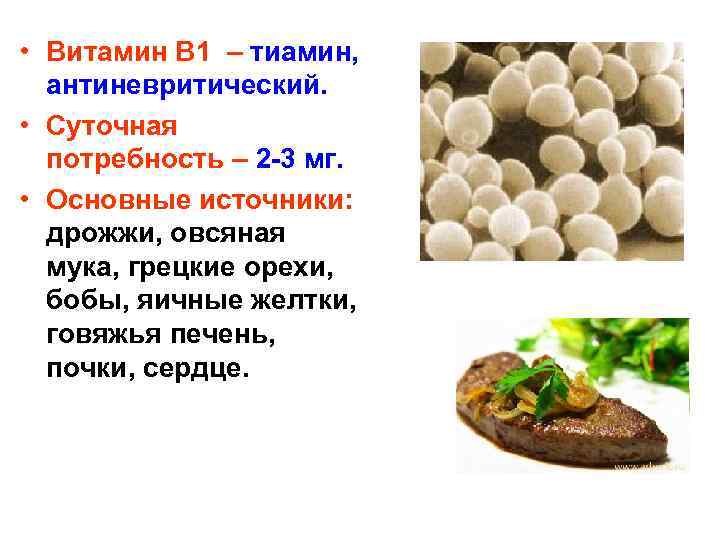  • Витамин В 1 – тиамин, антиневритический. • Суточная потребность – 2 -3